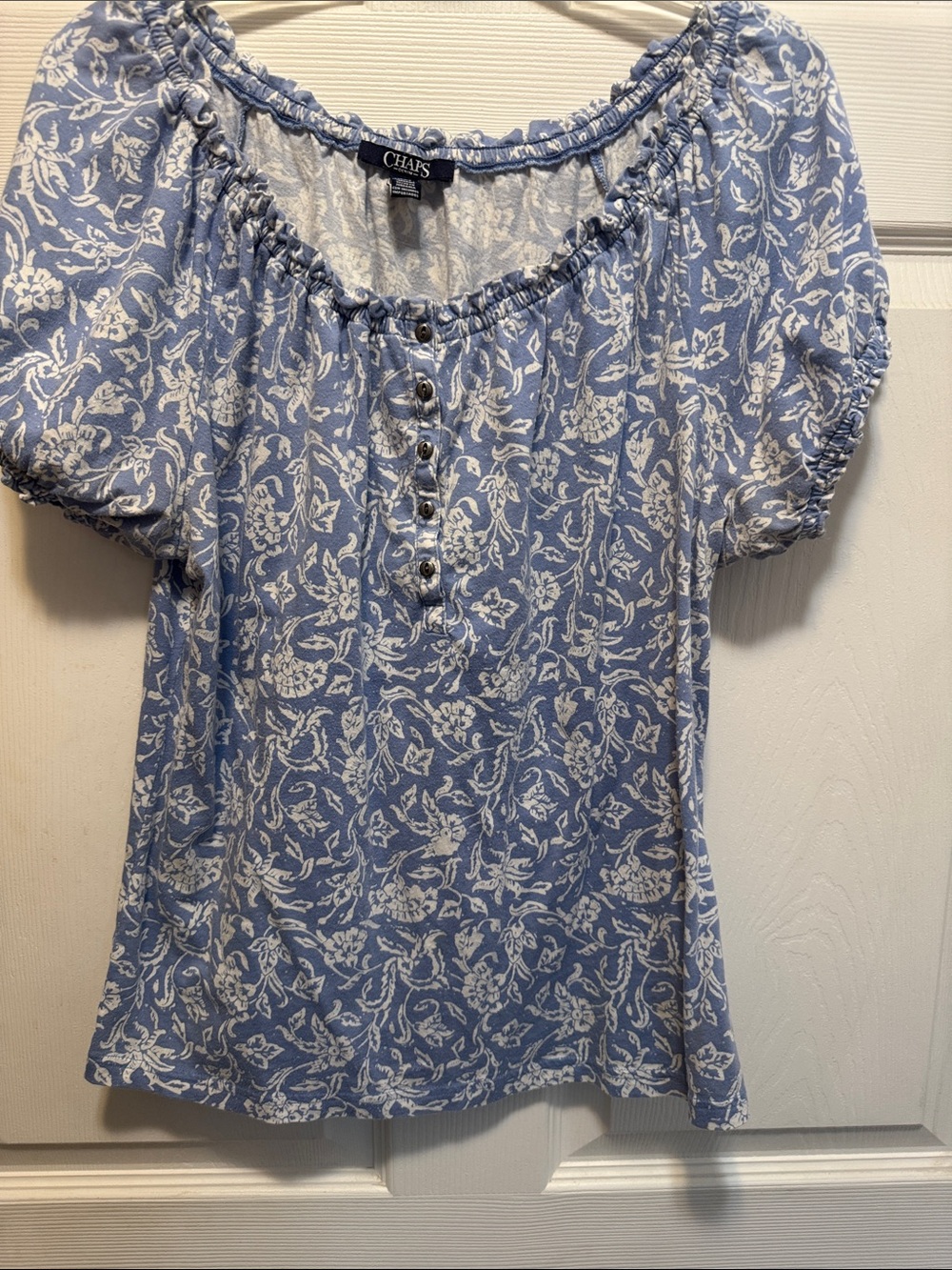 Chaps Blue and White Floral Scoop-Neck Blouse